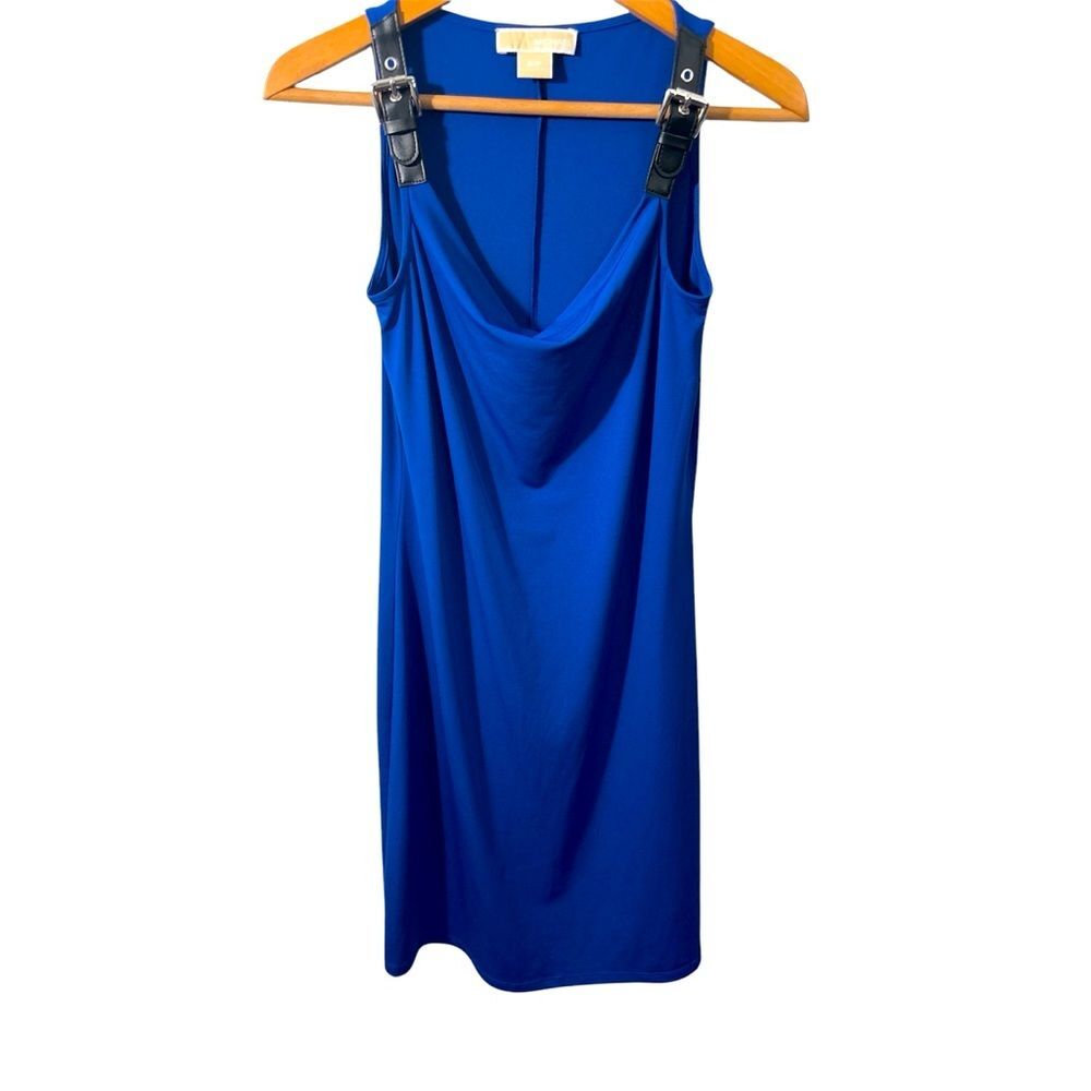 Michael Kors Sheath Dress Leather Buckle Straps Cobalt Blue Size Small Cocktails